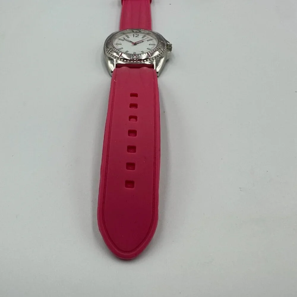 3/$30 Pink Watch Women Silicone Band Silver Tone Case White Dial Sporty